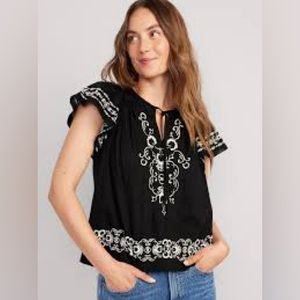 Embroidered Flutter-Sleeve Top